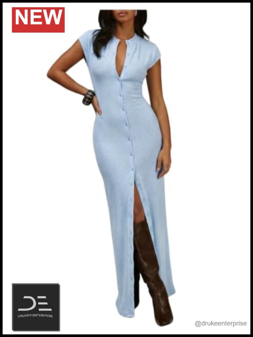 Ribbed Knit Cap Sleeve Bodycon Maxi Dress Button Front Mock Neck
